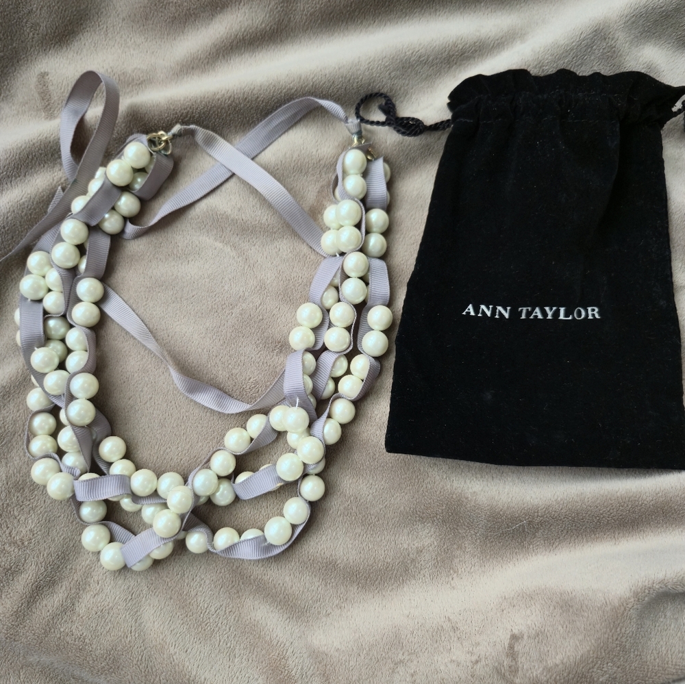Ann Taylor Ivory Pearl Necklace with Lavender Ribbon
